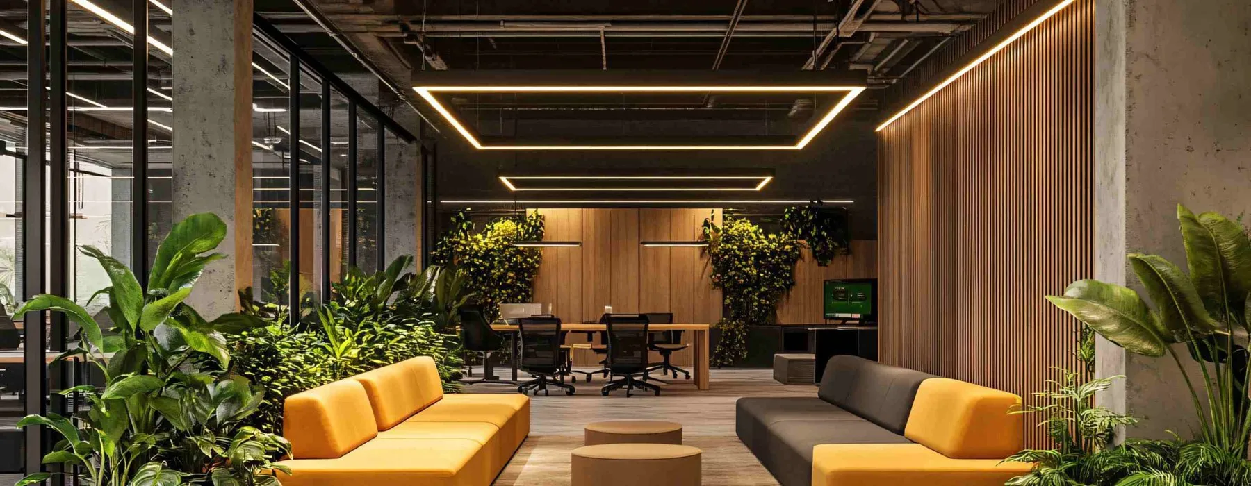 Lit rectangles over an office lounge (application example)