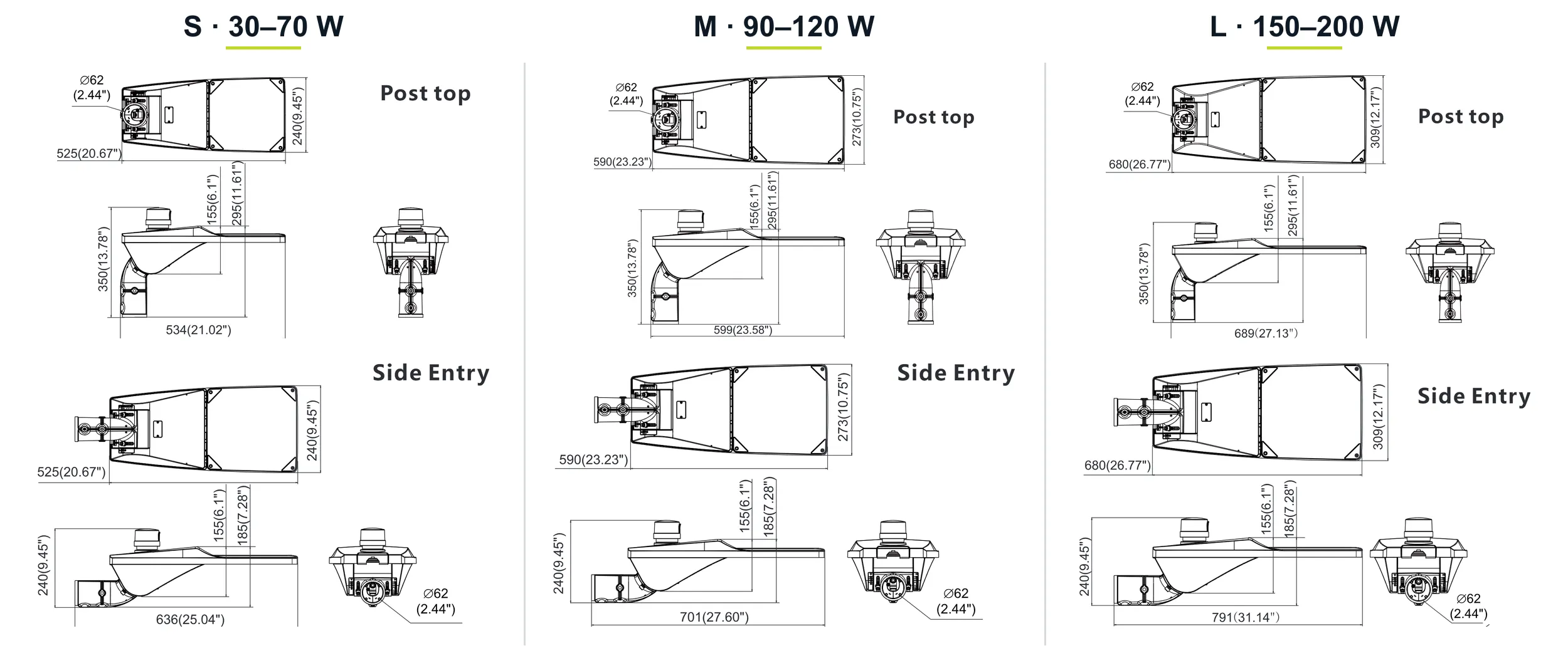 Dimensions, mm (inches): post top and side entry