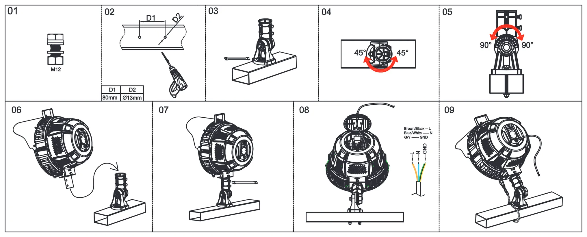 Rotatable arm mount: installation steps, ±45° and ±90° rotation