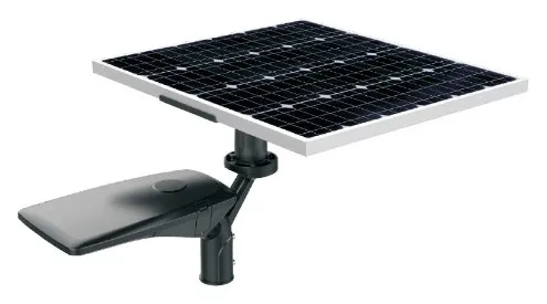 Integrated solar street light: luminaire, rotatable panel and battery on one arm