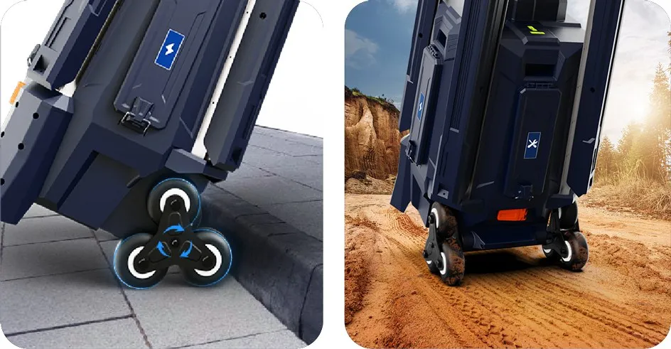 Three-wheel base on a kerb and on loose ground