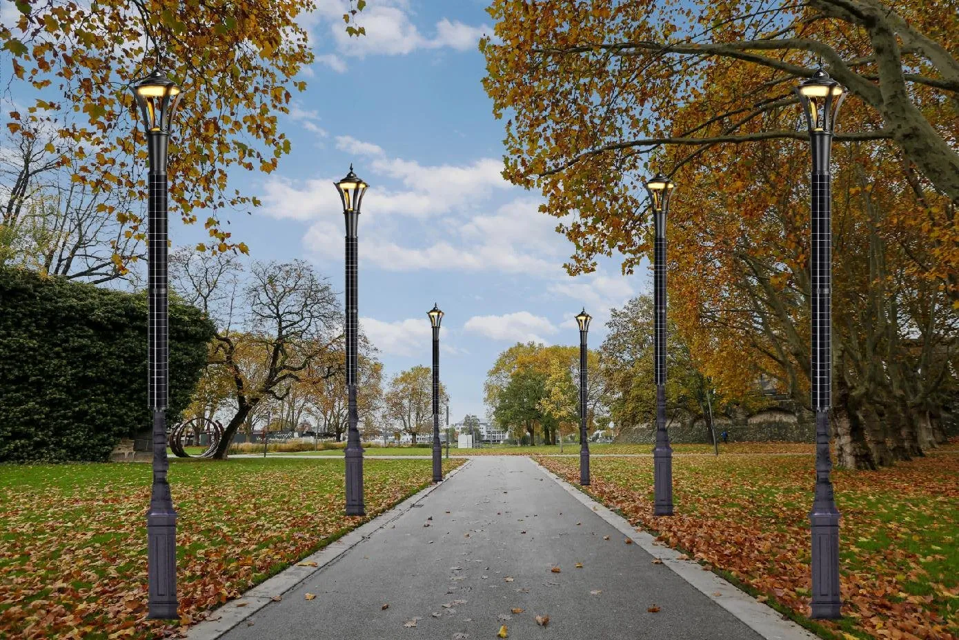 Illustration: a row of CNX-SPT lights along a park path