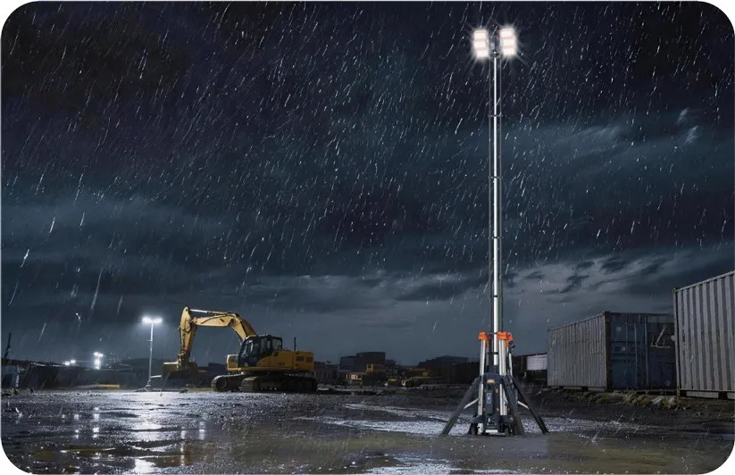 Torre de iluminación en una obra bajo la lluvia